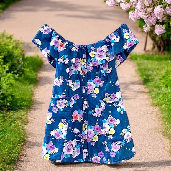 NEW Diva USA Floral Chambray Blue Flutter Sleeve Dress - Picture 12 of 16